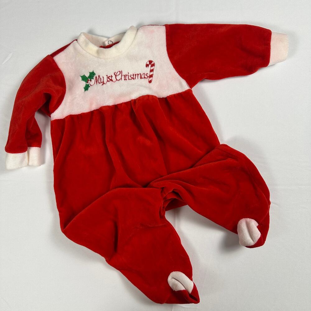 Vintage 1980s Mothercare My 1st Christmas Holiday Jumpsuit Sz L 6-12 mo (READ)
